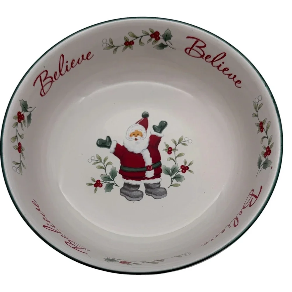 Pfaltzgraff Winterberry Believe Candy Bowl Santa Christmas Stoneware 7 Inch New